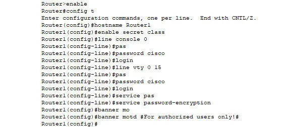 Рисунок 1 Пример базовых настроек в Cisco IOS Скриншот сделан в Cisco Packet - фото 1