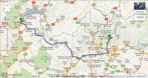 Скриншот карты Google Maps маршрут ЖеневаКомо В Швейцарии на автострадах - фото 1