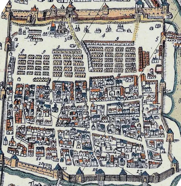 Рис 14 Торговые ряды на Петровом чертеже 1597 г У Никольских ворот - фото 7