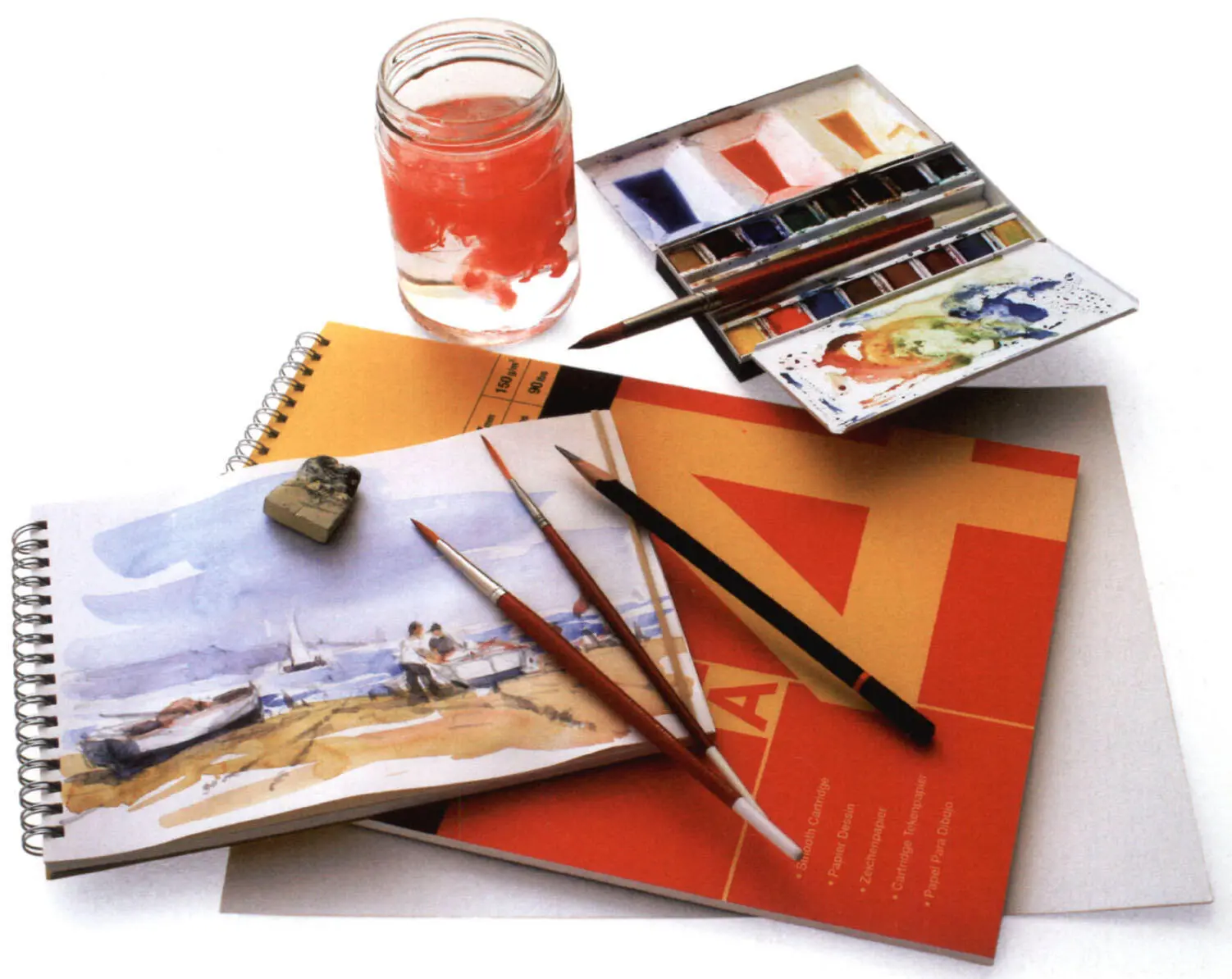 A basic watercolour sketching kit a water jar a paintbox three brushes a - фото 5