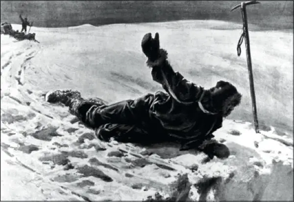 Douglas Mawson peering over the edge of the crevasse into which his comrade Lt - фото 11