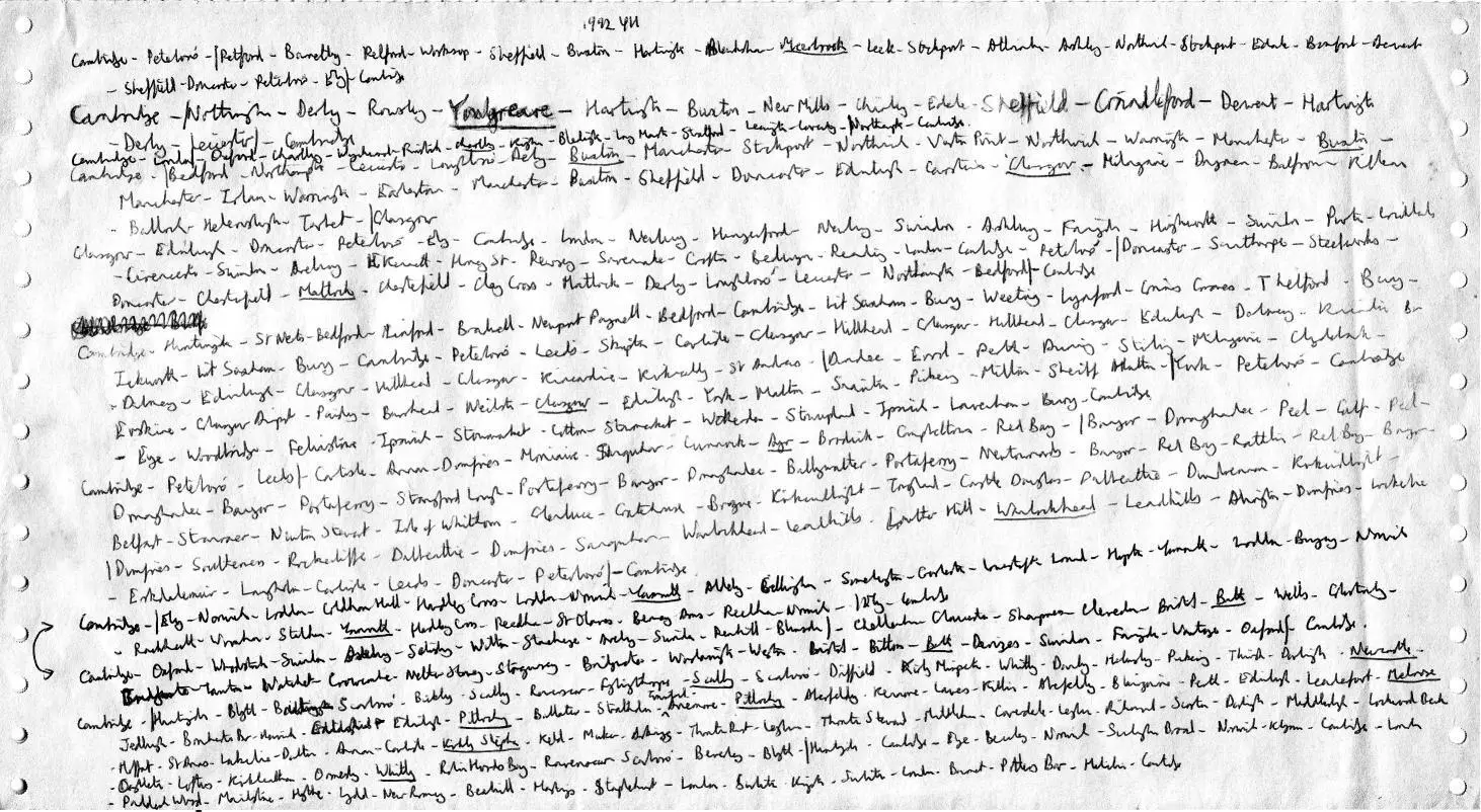 A list from 1992 of a few of the bus and train journeys Simon made that year - фото 11