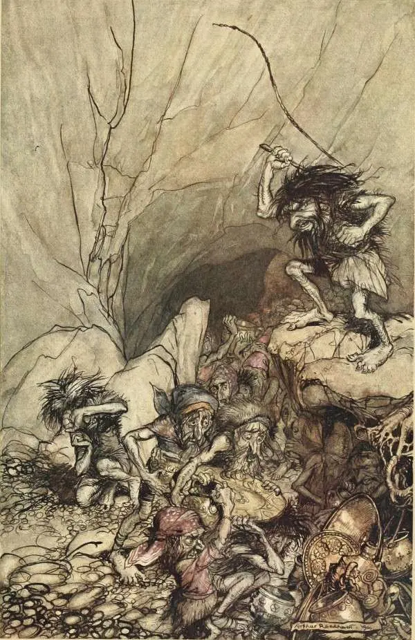 Alberich drives in a band of Nibelungs laden with gold and silver treasure He - фото 17