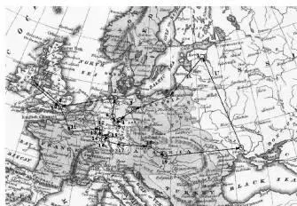 Карта Европы 1830 г с нанесенным маршрутом путешествия К Кнорре за границу К - фото 6