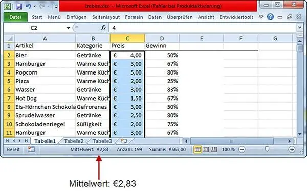 Abb 13Der Mittelwert der PreisSpalte in der Statusleiste 13 Formeln und - фото 5