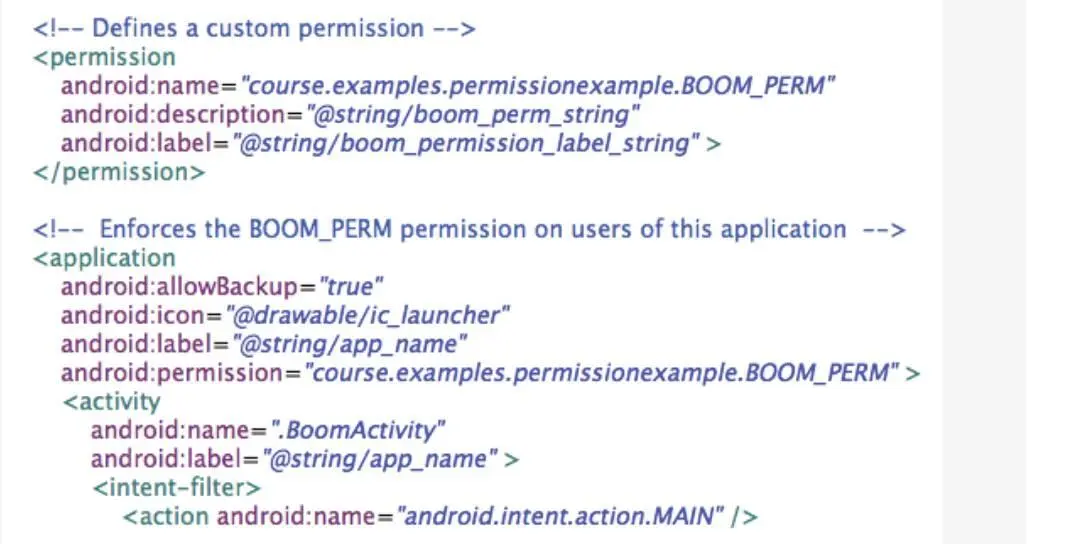В этом примере тег permission включает два других атрибута label метка и - фото 35