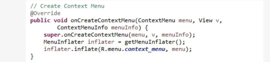Код подобен тому что мы видели в меню опций Мы получаем Menu Inflater и - фото 89