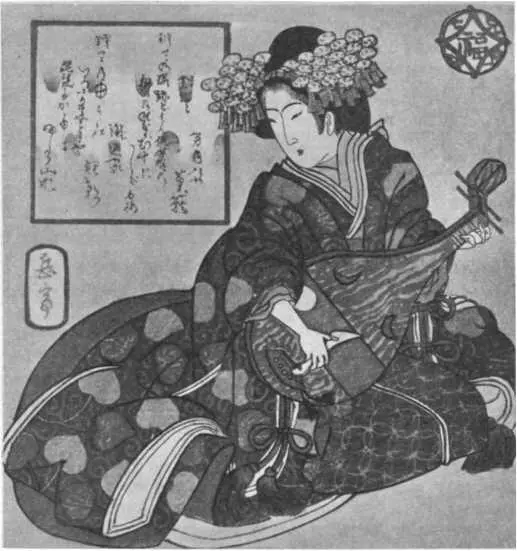 Гакутей Девушка с бива музыкальным интрументом Суримоно 4 Гравюра чаще - фото 24