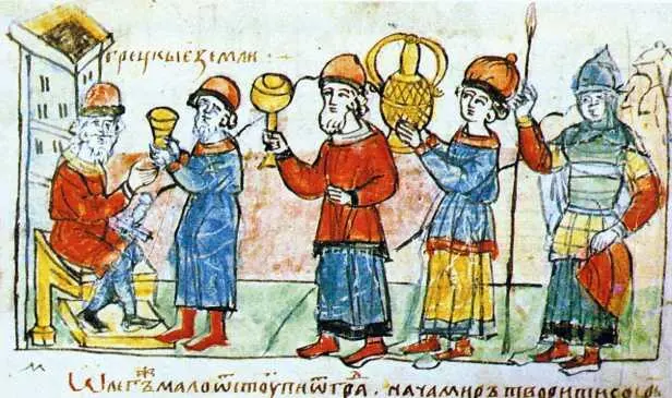 Греки платят дань Олегу Миниатюра Радзивилловской летописи Между тем - фото 73