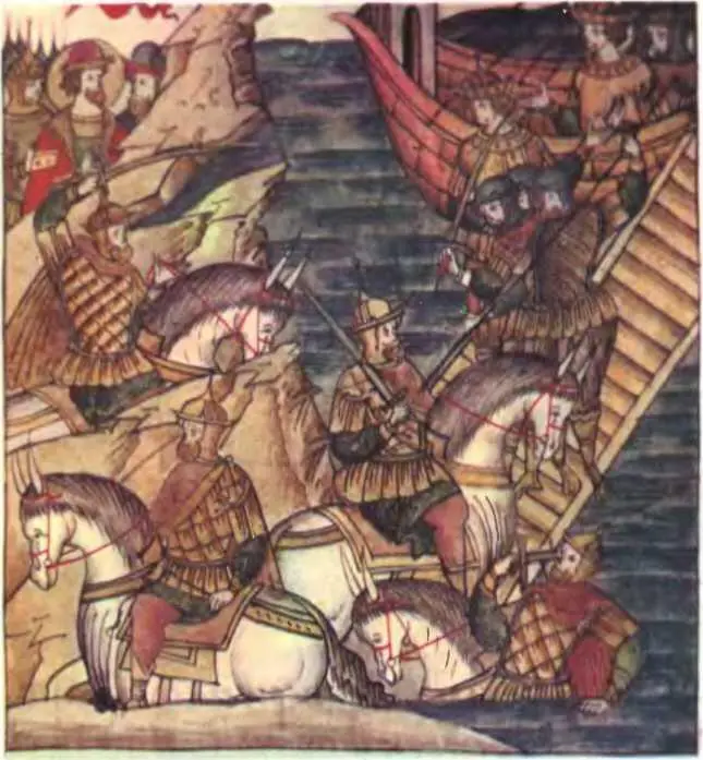 Невское сражение Миниатюра XVI в Лаптевский летописный свод ГПБ F - фото 3