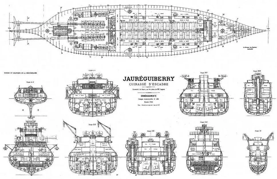 Броненосец Жорегибери 1893 г План трюма и поперечные сечения корпуса Его - фото 22