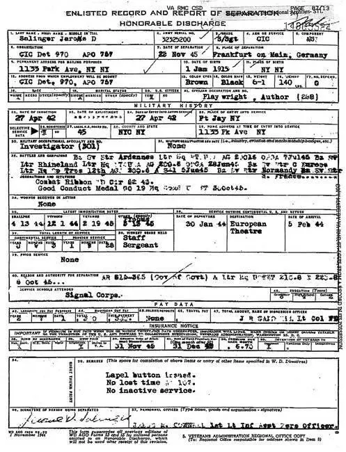 Послужной лист Сэлинджера и отчет о его почетном увольнении с военной службы - фото 68