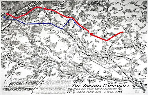 Карта пути отряда Тарлетона красные стрелки и Хоуетта синие стрелки - фото 56