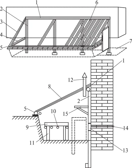Рис 18 Пристенная теплица 1 и 5 лежни 2 столбы 3 поперечные бруски - фото 19