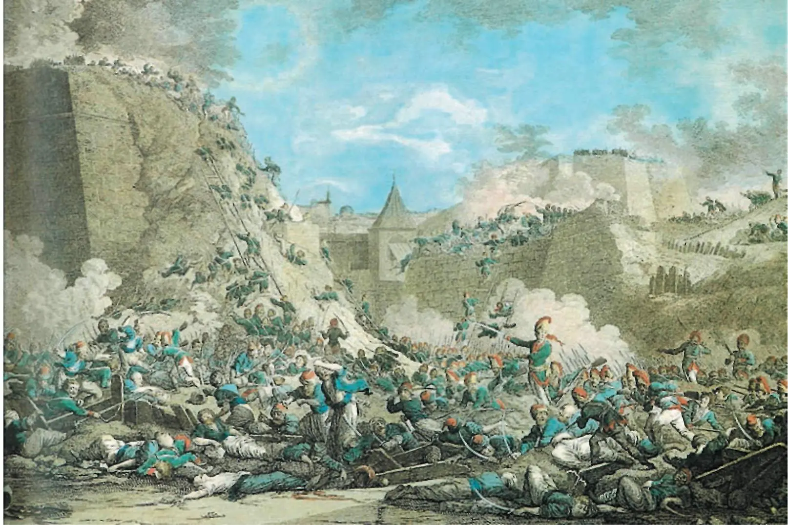 Штурм Очакова 6 декабря 1788 г Раскрашенная гравюра Конец XVIII в Бой за - фото 317