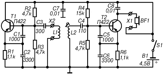 Рис 24 Принципиальная схема простого металлоискателя на двух транзисторах - фото 11