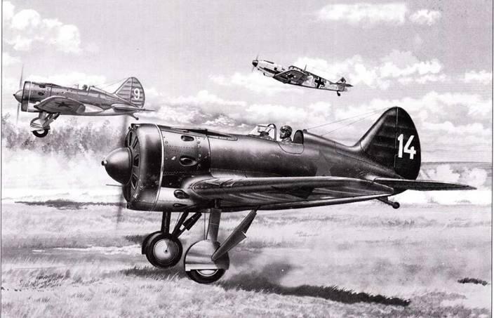 Пара истребителей И16 атакуемой немецким истребителем Bf 109 пытается - фото 1