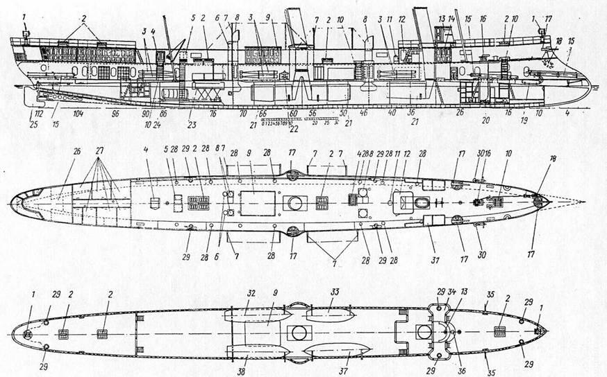 Минный крейсер Лейтенант Ильин продольный разрез планы верхней палубы - фото 2