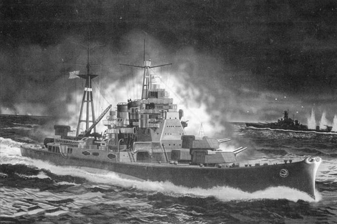 Тяжелый крейсер Такао ведет огонь главным калибором по американскому линкору - фото 1