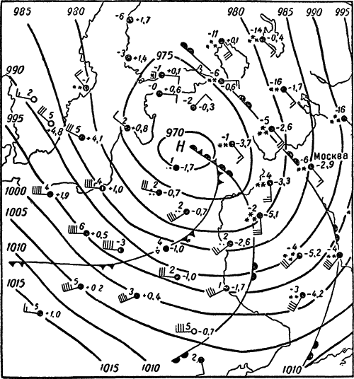 Рис 4 Образец синоптической карты Карта составлена по данным наблюдений в 21 - фото 6