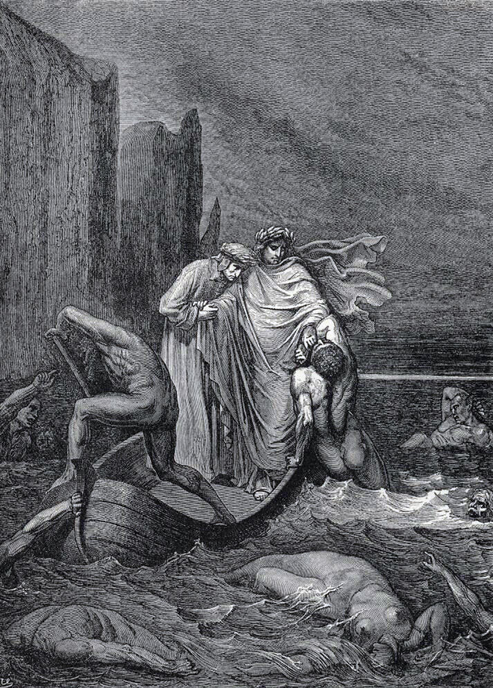 Dante and Virgil crossing the river Styx Engraving from 1870 by Gustave Dore - фото 1
