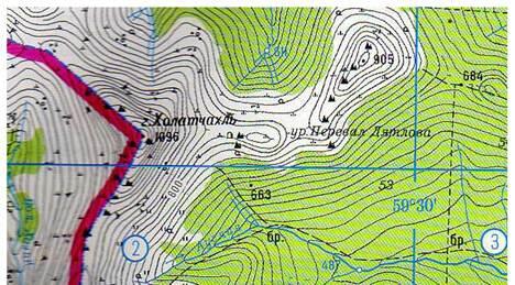 Гора Холатчахль 1096 и перевал Дятлова на карте Свердловской области Гора - фото 1