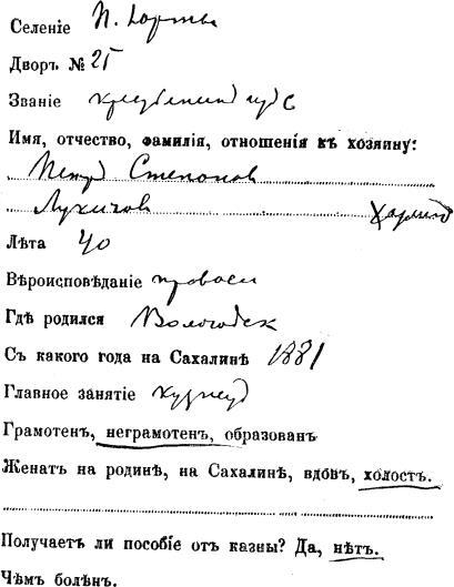 Одна из 10000 карточек переписи ссыльнокаторжных проведенной Чеховым на - фото 9