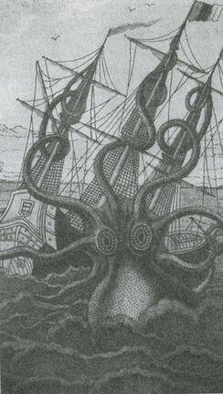 Кракен губит корабль Старинная гравюра Челюсти мегалодона От акулы никто - фото 19