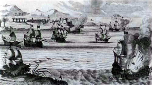 Пираты Генри Моргана атакуют испанский флот Гравюра XVIII в Пушки форта - фото 12