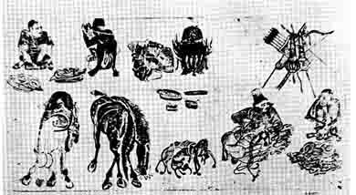 Лагерь кочевников старинный монгольский рисунок на котором показаны предметы - фото 4