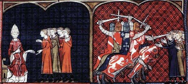 Папа Иннокентий III и крестоносцы убивающие еретиков Миниатюра нач14 в - фото 1