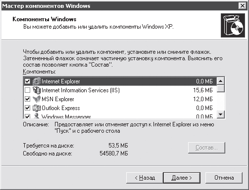 Рис 154Изменяем состав компонентов Windows XP Добавлениеудаление компонента - фото 141