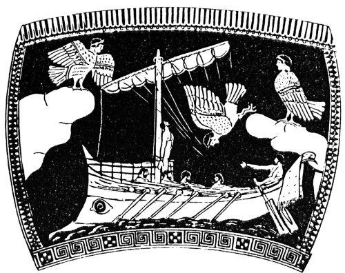 Корабль Одиссея плывет мимо острова Сирен Рисунок на вазе Герой Одиссеи - фото 1