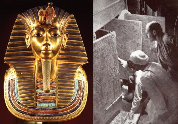 Слева погребальная маска Тутанхамона Справа археолог Картер сидящий на - фото 50