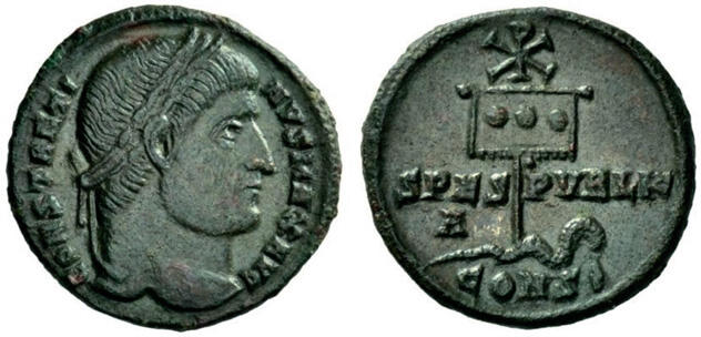 2 Медная монета с головой Константина 327 год На реверсе изображено знамя и - фото 8