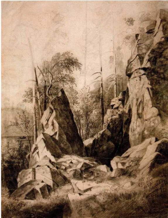 Деревья на скалах 1859 Бумага графитный карандаш растушка 596 х 463 см - фото 9