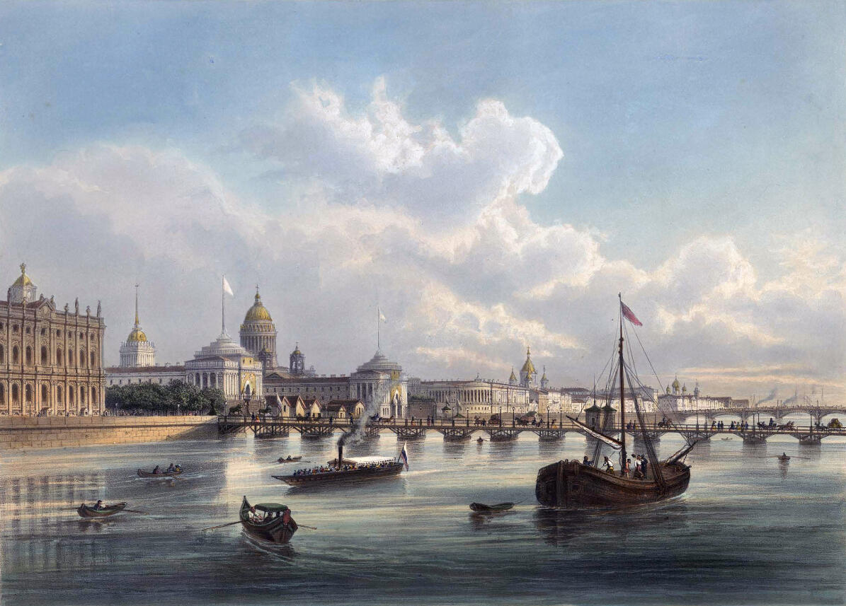 Дворцовый мост в СанктПетербурге в 19 веке литография по рисунку И Шарлеманя - фото 1