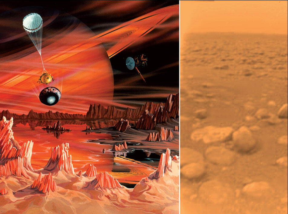 Слева посадка на Титан зонда Гюйгенс по представлению художника Крейга - фото 65